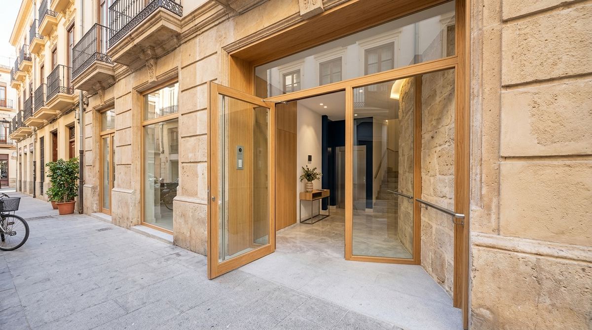 Portal de un edificio antiguo con el acceso a nivel de la acera, sin escalón, pasamanos y el ascensor al fondo